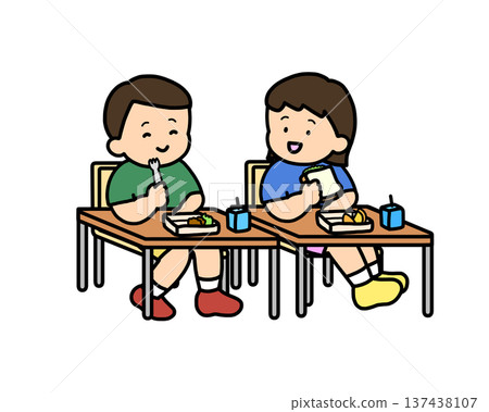 兩個孩子在教室裡一起吃午餐。 兩個孩子在教室裡一起吃午餐。 137438107