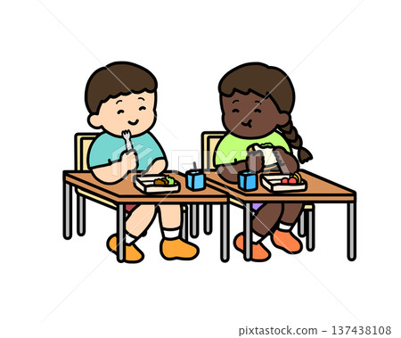 Two children having lunch together in the classroom Two children having lunch together in the classroom 137438108
