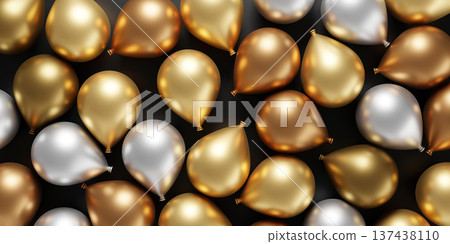 Luxury glod silver and bronze balloons on black background 3D render Luxury glod silver and bronze balloons on black background 3D render 137438110