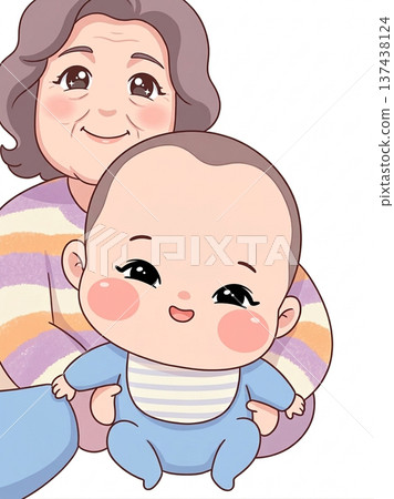 Illustration of a smiling grandmother and baby holding their grandchild 137438124