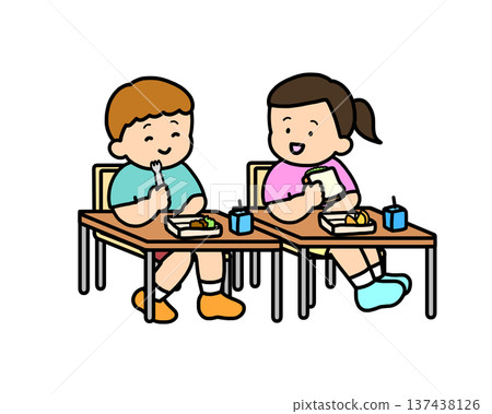 Two children having lunch together in the classroom Two children having lunch together in the classroom 137438126