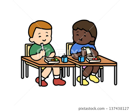 Two children having lunch together in the classroom Two children having lunch together in the classroom 137438127