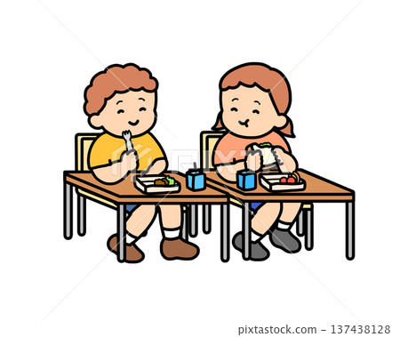 兩個孩子在教室裡一起吃午餐。 兩個孩子在教室裡一起吃午餐。 137438128