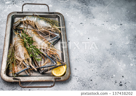 Freshly caught raw rosenbergii prawn displayed elegantly, highlighting their natural beauty and premium quality. grey background. top view Freshly caught raw rosenbergii prawn displayed elegantly, highlighting their natural beauty and premium quality. grey background. top view 137438202
