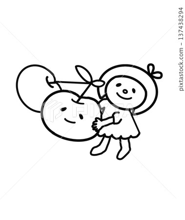 可愛的波波頭女孩手捧櫻桃，線條畫 137438294