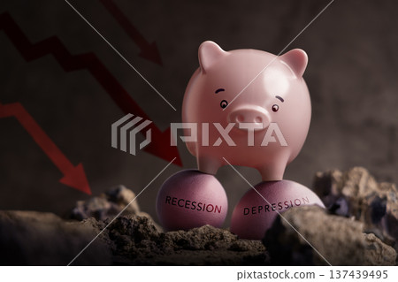 Piggy bank among cracked ground. Economic crisis, financial hardship, recession, depression, risk management 137439495