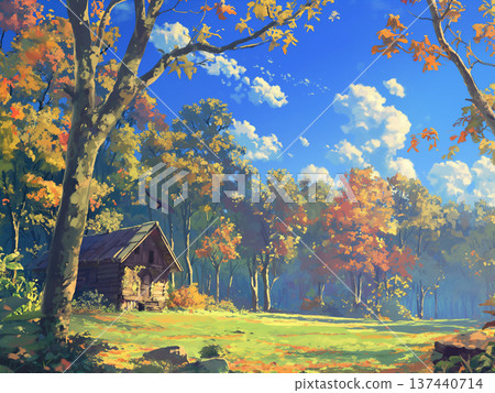 秋日森林中的小屋，動漫風格 137440714