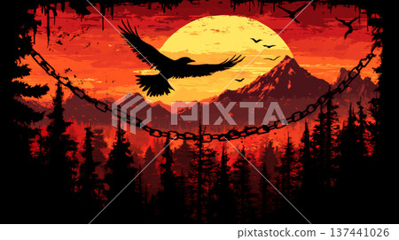 A large bird flies across a vibrant sunset sky above mountains and forest. Concept of freedom and nature's beauty. 137441026