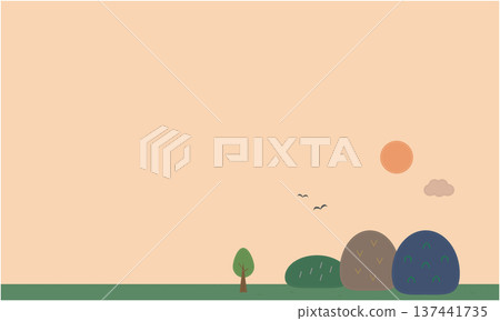 針腳風格的傍晚山景插畫。毛氈和刺繡風格的自然背景素材。 137441735