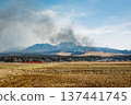 A local train running with the burning of Mount Aso in the background 137441745