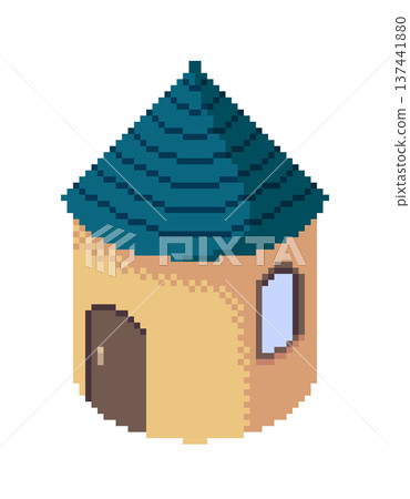 Pixelated blue house with a conical roof, transparent background Pixelated blue house with a conical roof, transparent background 137441880