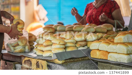 Selling freshly baked homemade Bread and Food in the streets. Traditional Goa bread 137441899