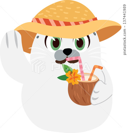 a cute animal like a seal with a coconut drink and wearing a summer hat a cute animal like a seal with a coconut drink and wearing a summer hat 137441989