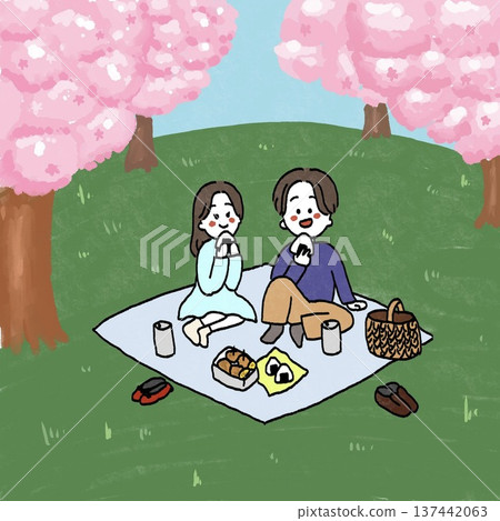 描繪男女欣賞櫻花的插圖 137442063