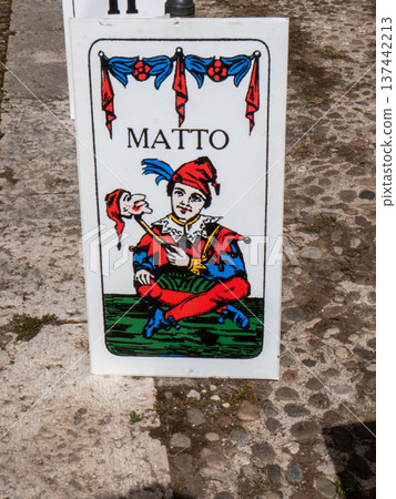 Il Matto or The Fool card, which is part of a traditional Italian tarot 137442213