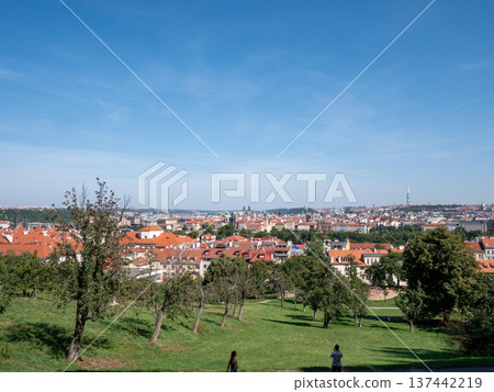 Scenic overview of Prague, Czech Republic, from the slopes of Petrin Hill Gardens 137442219