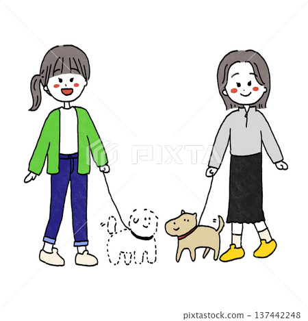 Illustration of two dogs who became friends while walking Illustration of two dogs who became friends while walking 137442248