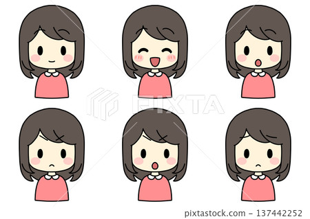 Simple girl's bust up set with 6 facial expressions (joy, anger, sadness, and happiness) 137442252