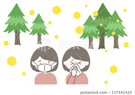 一位女士因花粉症戴著口罩,另一位女士正在擤鼻涕,背景是雪松和花粉。 一位女士因花粉症戴著口罩,另一位女士正在擤鼻涕,背景是雪松和花粉。 137442420