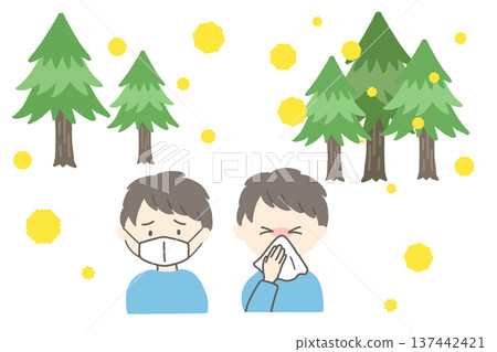一名男子因花粉症戴著口罩，另一名男子正在擤鼻涕，背景是雪松和花粉。 137442421