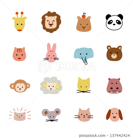 手繪動物扁平可愛臉部圖標 手繪動物扁平可愛臉部圖標 137442424