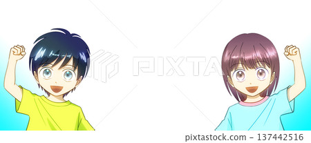 Anime-style illustration of a boy and girl wearing summer clothes and smiling while making a fist pump 137442516