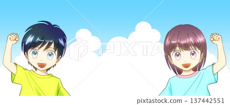 一幅動漫風格的插畫，描繪了一男一女身著夏裝，面帶微笑，在蔚藍的天空下高舉拳頭。 137442551