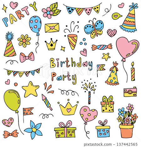 Birthday hand drawn doodle on white background 137442565
