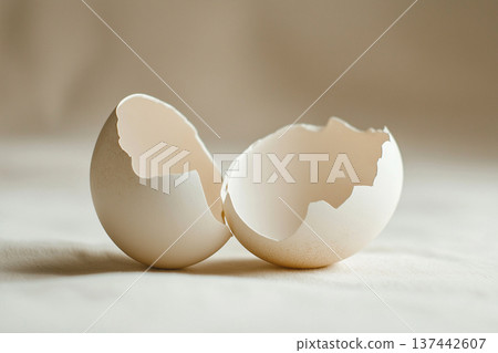 Cracked white eggshell halves on a neutral surface, minimal still life representing fragility, renewal and Easter spring themes 137442607