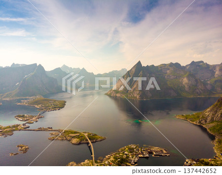 Fjord and mountains landscape. Lofoten islands Norway Fjord and mountains landscape. Lofoten islands Norway 137442652
