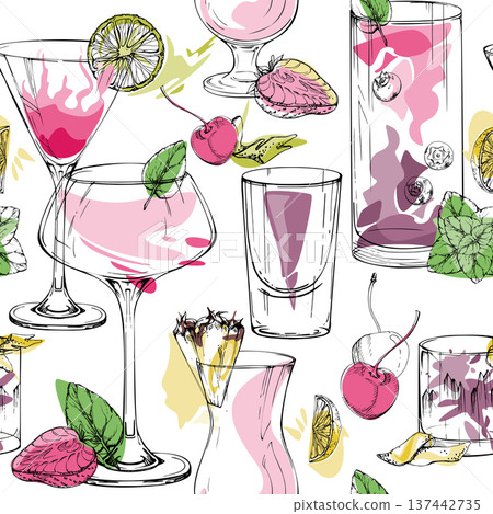 Pastel rosy cocktails, shots, summer drinks with tropical pineapple wedge, citrus wheels, cherry berry. Seamless hand drawn pattern for lifestyle prints, beauty branding, wallpaper and themed merch. 137442735