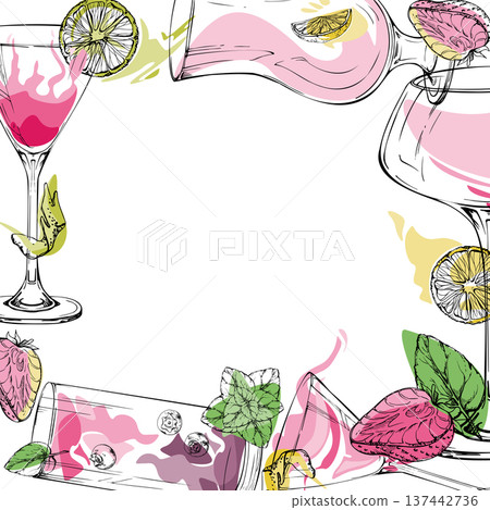 Square frame of cosmopolitan cocktail, milkshake, strawberry margarita and daiquiri in rosy tones. Hand drawn vector border for recipe cards, social headers, feminine branding and themed stationery. Square frame of cosmopolitan cocktail, milkshake, strawberry margarita and daiquiri in rosy tones. Hand drawn vector border for recipe cards, social headers, feminine branding and themed stationery. 137442736