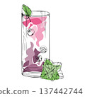 Vector Mojito Berry Twist, fruit juice or lemonade with mint sprig and berry accents in ink hand drawn highball glass. Bright colors and crisp outlines for tropical branding, web visuals, summer menu. 137442744