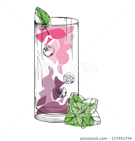 Vector Mojito Berry Twist, fruit juice or lemonade with mint sprig and berry accents in ink hand drawn highball glass. Bright colors and crisp outlines for tropical branding, web visuals, summer menu. 137442744