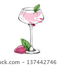 Stylized Strawberry Daiquiri, Margarita cocktail in coupe glass hand drawn in ink. Vector composition, minimalist contour and mint accent. Ideal for tropical branding, lifestyle graphics, and posters. 137442746