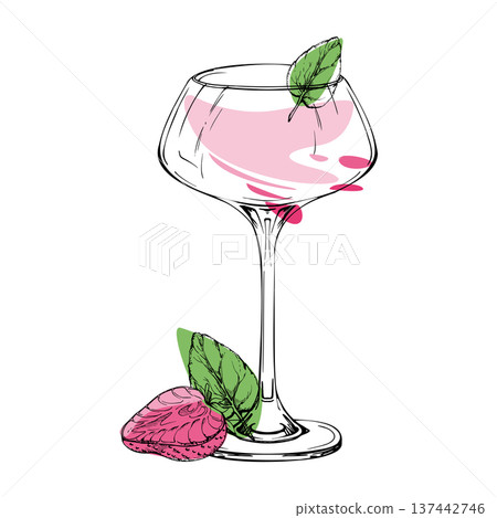 Stylized Strawberry Daiquiri, Margarita cocktail in coupe glass hand drawn in ink. Vector composition, minimalist contour and mint accent. Ideal for tropical branding, lifestyle graphics, and posters. Stylized Strawberry Daiquiri, Margarita cocktail in coupe glass hand drawn in ink. Vector composition, minimalist contour and mint accent. Ideal for tropical branding, lifestyle graphics, and posters. 137442746