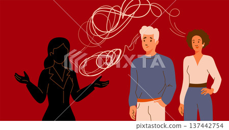 Manipulation, gossip, misinformation vector illustration. Silhouette woman spread false rumors to a group. Tangled lines represent fake news, toxic communication, social chaos Manipulation, gossip, misinformation vector illustration. Silhouette woman spread false rumors to a group. Tangled lines represent fake news, toxic communication, social chaos 137442754