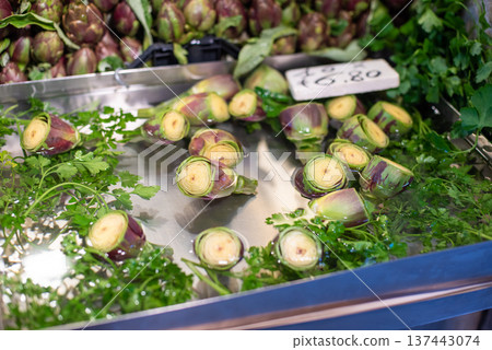 water cut artichoke sold on the market water cut artichoke sold on the market 137443074