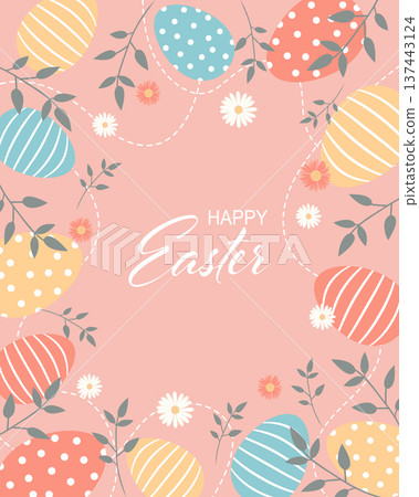 Happy Easter banner with decorated eggs and floral decorations. Festive vertical card for spring holiday. 137443124