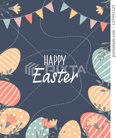 Happy Easter banner with decorated eggs, flowers and bunting flags. Festive vertical card for spring holiday. Happy Easter banner with decorated eggs, flowers and bunting flags. Festive vertical card for spring holiday. 137443125
