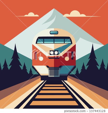 Modern train on the railway. Train traveling through mountain landscape. Illustration. Modern train on the railway. Train traveling through mountain landscape. Illustration. 137443128