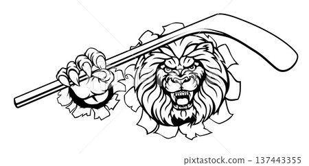 Lion Ice Hockey Player Cartoon Sports Mascot 137443355