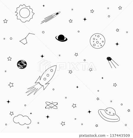 Sun with moon, rocket, flying saucer and comet . Abstract universe. Starry sky 137443509