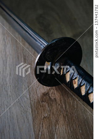 Japanese black katana sword close-up Japanese black katana sword close-up 137443782