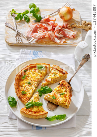 Quiche Lorraine on a white plate, top view Quiche Lorraine on a white plate, top view 137443897
