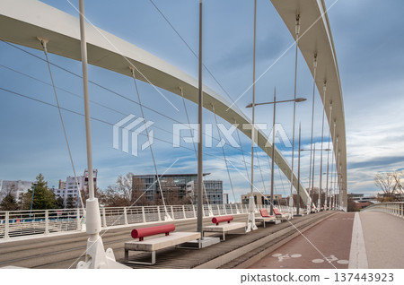 Lyon, france. December 27, 2023. Raymond barre bridge structure connecting banks of rhone river in lyon, france, featuring modern design and infrastructure Lyon, france. December 27, 2023. Raymond barre bridge structure connecting banks of rhone river in lyon, france, featuring modern design and infrastructure 137443923