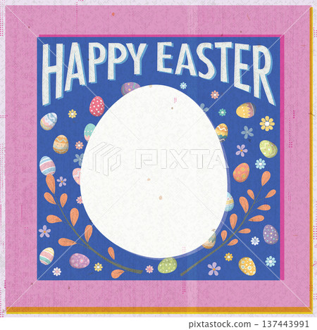Happy Easter greeting card, poster, label or banner with blank egg shape frame hand drawn retro style transparency and overlap from risograph defect printing on old roneo paper background. 137443991