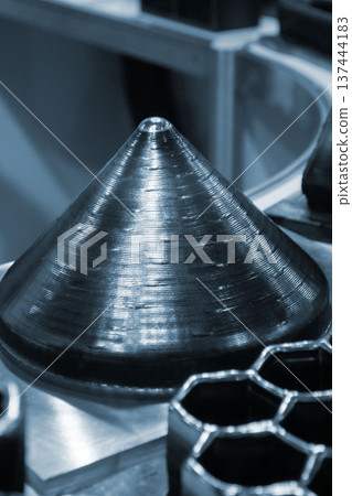Model printed on 3D printer from metal. Object created on 3D printer from melting metal thread. Modern new technologies. Additive progressive manufacturing solution. Metal 3d printing technology Model printed on 3D printer from metal. Object created on 3D printer from melting metal thread. Modern new technologies. Additive progressive manufacturing solution. Metal 3d printing technology 137444183