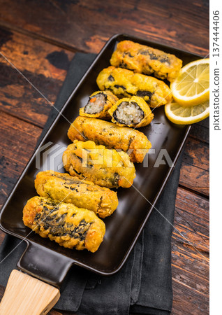 Nori Roll Gimmari, Kimmari Korean Snack with Minced Chicken and Seaweed Wrap. wooden background. top view 137444406