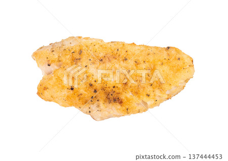 Pan fried snapper fish fillet with golden crispy crust isolated on light background. Cooked seafood meal. 137444453